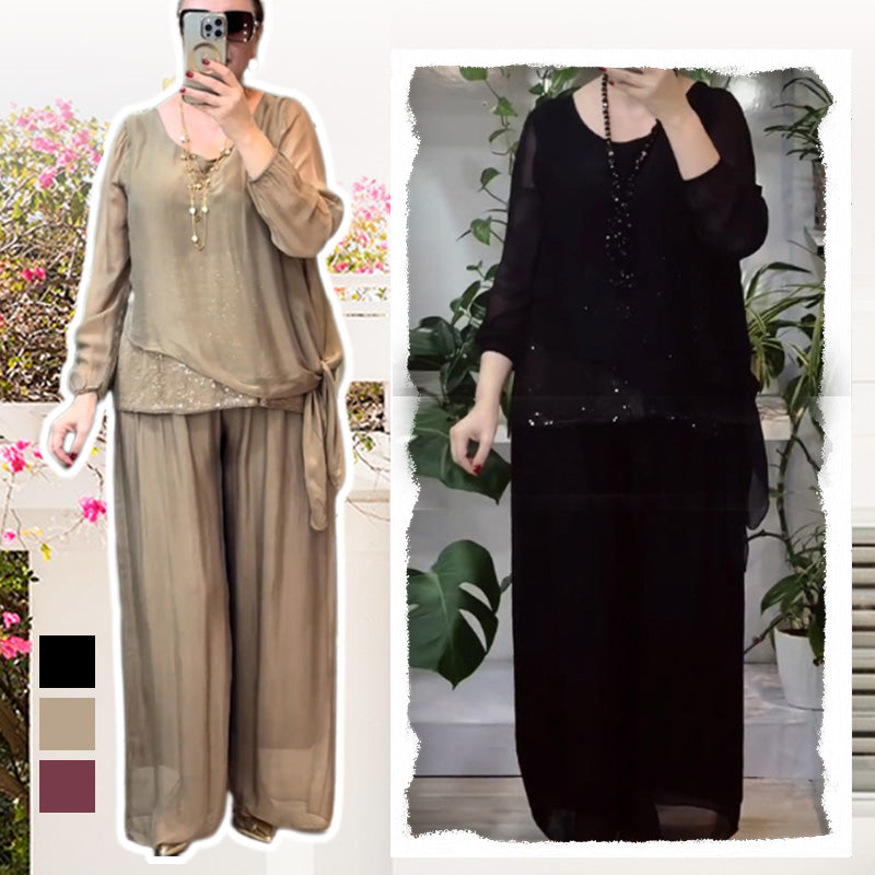 Quirinia - Conjunto de Blusa con Lentejuelas y Pantalones Anchos
