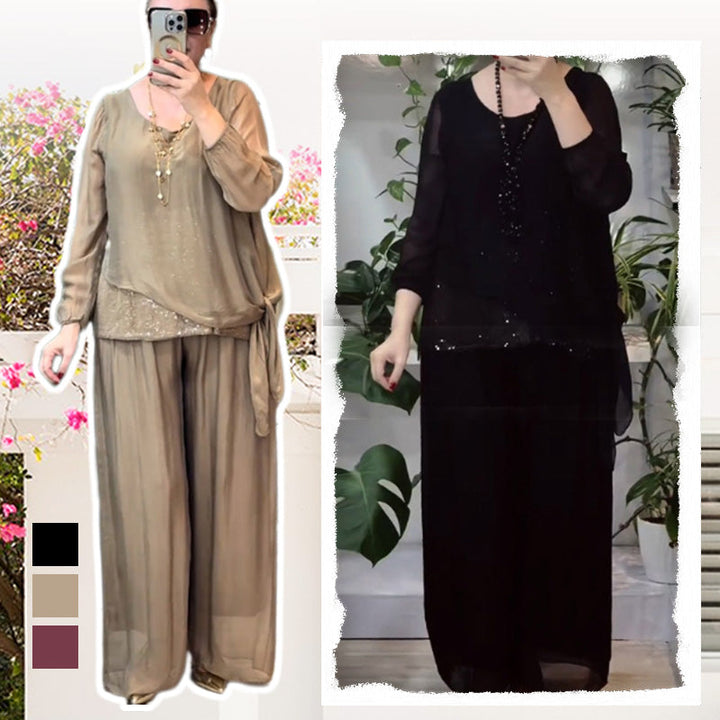 Quirinia - Conjunto de Blusa con Lentejuelas y Pantalones Anchos