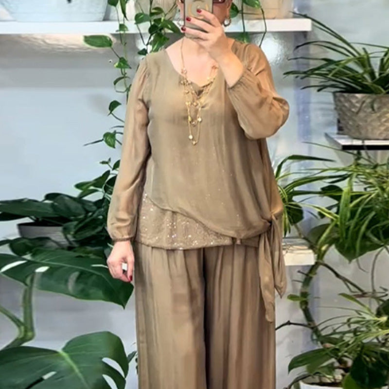 Quirinia - Conjunto de Blusa con Lentejuelas y Pantalones Anchos