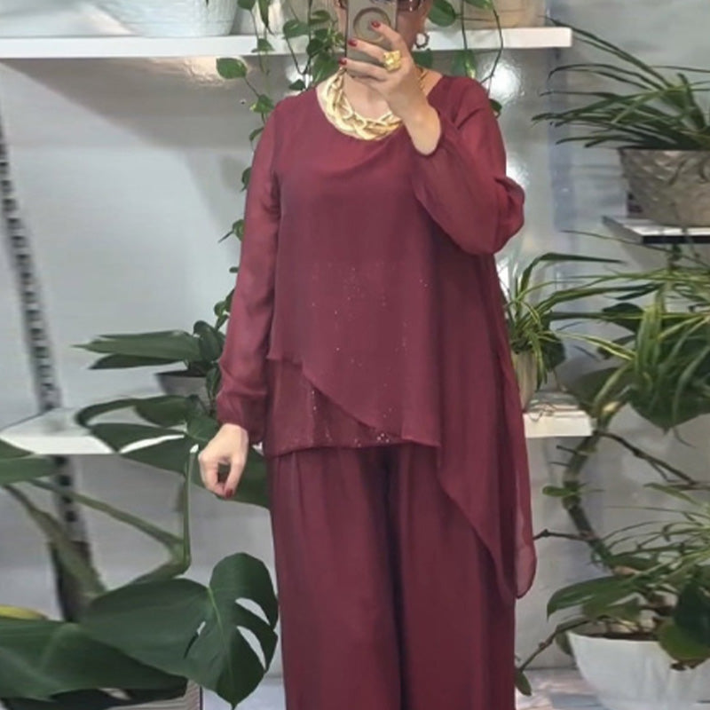 Quirinia - Conjunto de Blusa con Lentejuelas y Pantalones Anchos